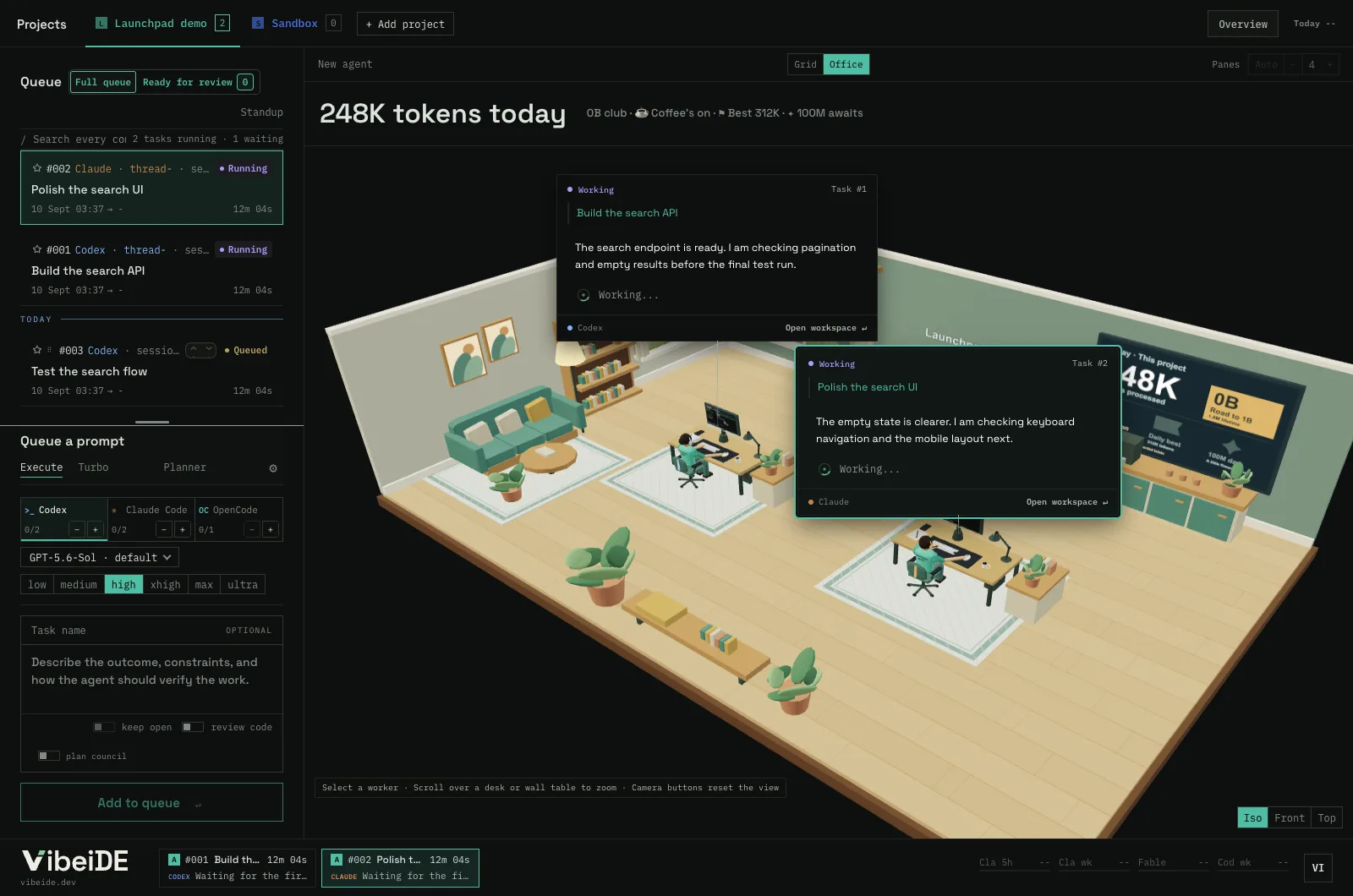 VibeiDE.dev workspace: task queue on the left, isometric office view with two AI agents working on tasks
